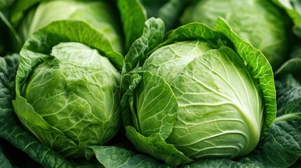 Fototapeta premium Two vibrant and fresh cabbages stand proudly in a bountiful garden, showcasing their lush leaves and emphasizing the beauty of nature's produce, perfect for healthy cooking.