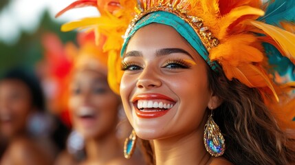 A joyful woman adorned in a colorful, feathered costume beams with pride during a cultural celebration, highlighting the vibrancy and beauty of tradition and community spirit.