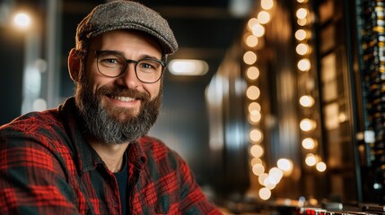 Obraz premium A cheerful bearded man wearing glasses and a hat smiles warmly at the camera, set against a backdrop of softly lit decor, enhancing the inviting atmosphere of the scene.