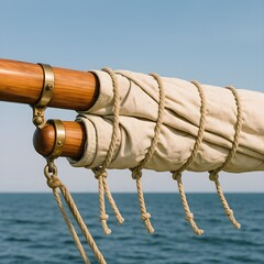 Canvas Sail Rolled on Wooden Boom with Brass Fittings and Secure Nautical Ropes Overlooking Tranquil Open Sea Horizon