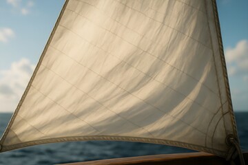 Detail of Sailing Boat’s Tightly Stretched Triangular Canvas Sail with Ocean and Sky in Background Highlighting Nautical Fabric Texture