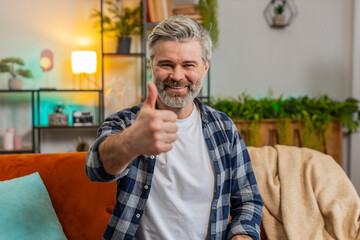 Happy excited Caucasian senior man looking at camera and showing thumbs up like sign positive great...