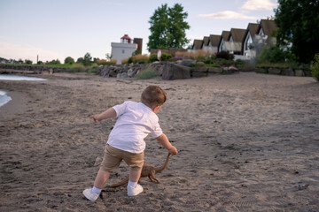 Child playing with a dinosaur toy near the water.