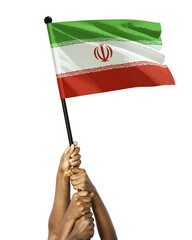 Many different group black African hands holding lifting raising Iranian national flag isolated over transparent background. Stretching arms for flag. Togetherness, unity independence day celebration