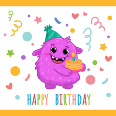 Cute monster isolated on white background for  magazines, birthday cards. Alien, cartoon character. Monster with cake in flat style. Vector illustration 