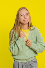 Upset frustrated annoyed Caucasian middle-aged woman raising hands in indignant irritation...