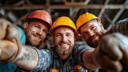 Three cheerful construction workers pose together, showcasing camaraderie and teamwork while wearing hard hats on a job site filled with construction equipment and materials.