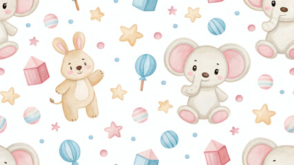Watercolor Seamless Pattern with Baby Animals and Toys for Kids Packaging
