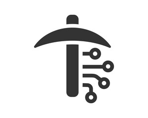 Pickaxe icon with circuit board, representing digital extraction or cryptocurrency mining. Perfect for tech, finance, blockchain, and investment themes. Clean, modern design.