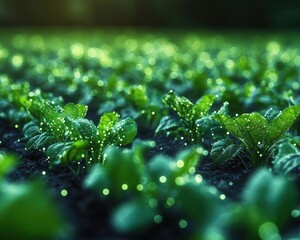 Ecofriendly farming holographic visualization, vibrant greens, cool background, hightech style