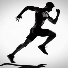 A black and white silhouette of a man who is training to run fast for a competition. Vector graphics. EPS.