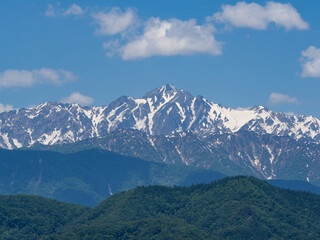 初夏の北アルプス山並みと快晴の空　長野県