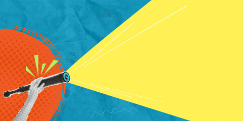 Trendy modern art collage. Hand with telescope on a blue background. Search concept. Vector banner with halftone effect and place for text