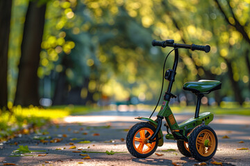 Tricycle on city street with green spaces representing safe and sustainable transport for children in urban environments