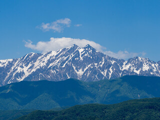 初夏の北アルプス山並みと快晴の空　長野県