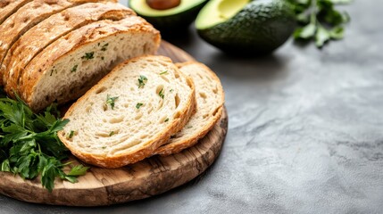 A fresh loaf of sliced bread garnished with herbs, set on a rustic wooden board, highlighting the artisanal quality of the food and inviting a sense of home-cooked goodness.