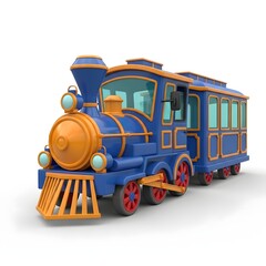 Cartoon Train Toy, Blue and Orange Locomotive Model on White Background