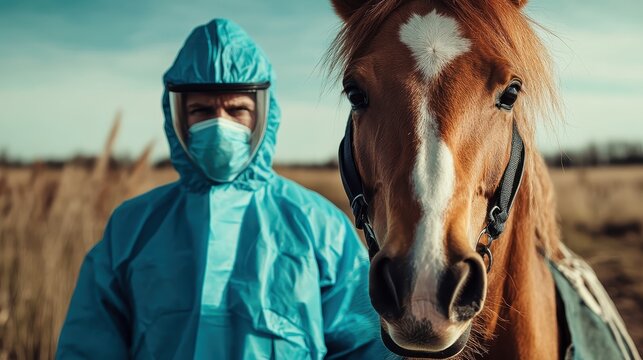 A person in a blue protective suit stands beside a horse in an open field during the day, emphasizing the bond between humans and animals amid safety concerns.