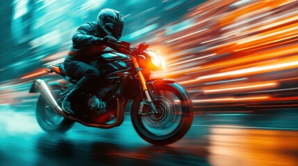 Obraz premium A motorcycle rider speeds through a blurred urban landscape, conveying a thrilling sense of movement, speed, and adventure amidst a vibrant city setting.