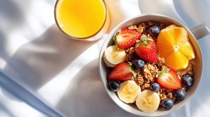 Healthy breakfast bowl with fresh fruit yogurt granola and honey served with orange juice on white table.