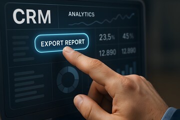 A close-up shot of a hand, its index finger delicately taps on an "export report" button on a computer screen, highlighting data analysis and information technology.