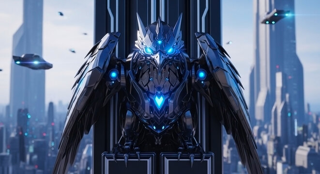 Science fiction artwork of a robotic mecha hawk with neon blue glowing features and metallic wings perched on futuristic high rise rooftop