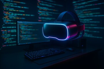 Immerse yourself in the future of digital interactions with a striking image of virtual reality headset, a monitor showcasing complex programming code, and keyboard against a dark background.