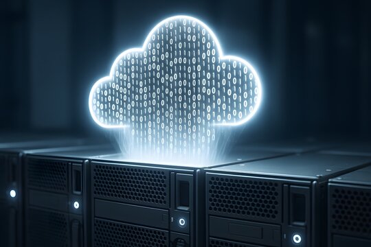 Illuminated digital cloud floats gracefully above a row of server racks. This image encapsulates the essence of modern data management. - Powered by Adobe