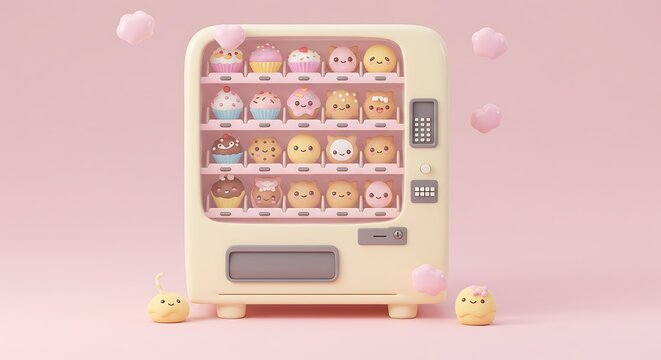 Pastel Dreams: A kawaii vending machine in soft pastel hue is filled with adorable chick shaped confections, promising sweet treat and delightful experience.