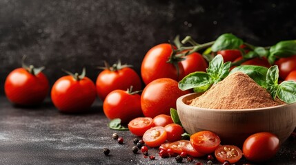 A vibrant collection of fresh tomatoes accompanied by aromatic spices and basil leaves, beautifully arranged against a dark backdrop for an enticing culinary presentation.