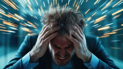 A dramatic image capturing a businessman in distress, clutching his head as he is engulfed by chaos, symbolizing the pressures of modern life and the struggle for balance.