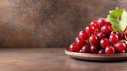 A close-up image featuring a cluster of fresh grapes on a textured plate against a warm backdrop, portraying the natural beauty and vibrant colors of the fruit.