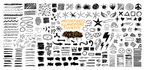 Naklejka na ściany i meble School board design featuring children's doodles, scribbles. Graphic set - arrows, circles, stars, sketch, highlighters, brushes, scribbles and doodles drawn with felt-tip pen, chalk, pen. Vector set