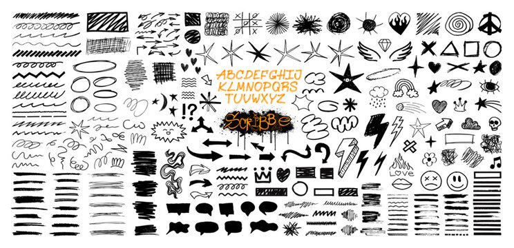 School board design featuring children's doodles, scribbles. Graphic set - arrows, circles, stars, sketch, highlighters, brushes, scribbles and doodles drawn with felt-tip pen, chalk, pen. Vector set