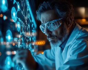 Scientist in futuristic lab analyzing 3D hologram of molecular structure, cool blue tones, scifi style