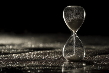 Hourglass time sand running out on glitter surface