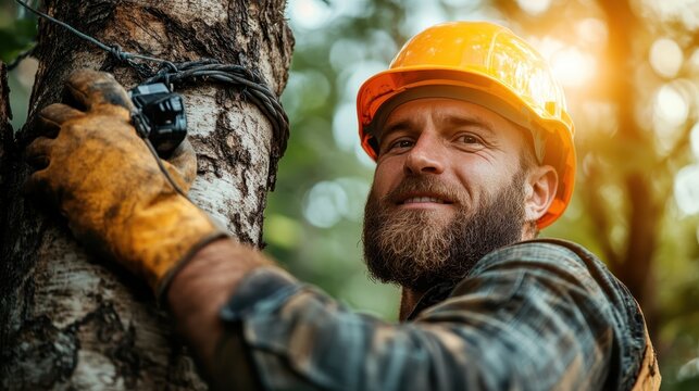 A dedicated logger smiles as he attaches equipment to a tree in the forest, showcasing the relationship between nature and the humans who work within it peacefully.