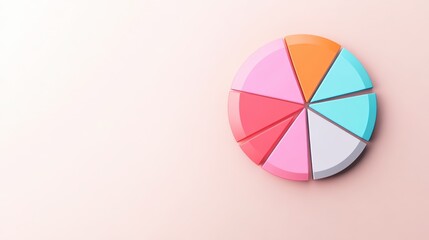 Fototapeta premium A colorful 3D pie chart with eight distinct segments on a light pink background.