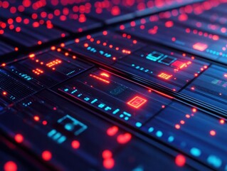 Solar battery charging with digital energy readouts, closeup detail, dark background, vibrant tech lighting