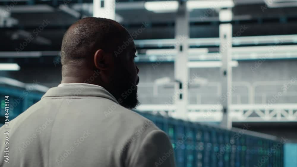 Poster system administrator in data center doing inspection on infrastructure tech handling user requests. 