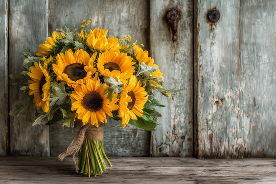 Sunflower bouquet against rustic wooden backdrop