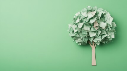 A handmade paper tree with a brown trunk and green folded paper leaves against a light green background.