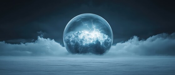 A glowing orb containing lightning floats above a calm ocean under a stormy, cloudy sky at night.