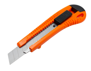 Orange utility cutter isolated on white, tool for cutting paper and materials.