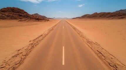 Naklejka premium An expansive view of a long straight road cutting through the barren desert, symbolizing adventure and the search for freedom amidst arid, rugged landscapes.