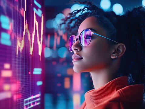 A young woman wearing glasses intently analyzes colorful digital data charts on a futuristic screen in a vibrant, tech-driven environment. - Powered by Adobe