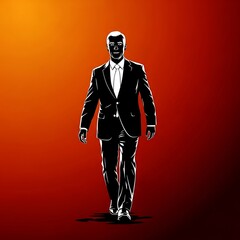 Obraz premium Walking Silhouette of a Business Professional Against Vibrant Orange Backlit Background for Website or Marketing Projects