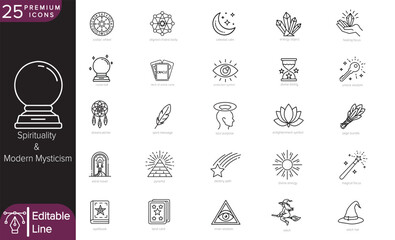 25 Monoline Vector Icons of Spirituality and Modern Mysticism – Clean Minimal Line Art of Crystals, Tarot, Moon Phases, Chakras, Energy Tools, Celestial Symbols, and Sacred Elements for UI, Print