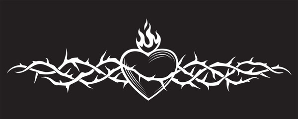 heart, crown of thorns and flame isolated on black background