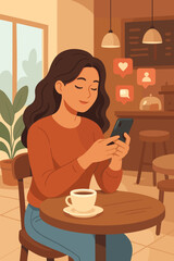Happy young woman using smartphone in a cozy coffee shop. Girl smiling while checking social media notifications like, comment and follow. Modern lifestyle and communication concept.